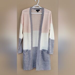 Majora Women's Open Front Cardigan Acrylic Pink White Gray Sz L Pockets